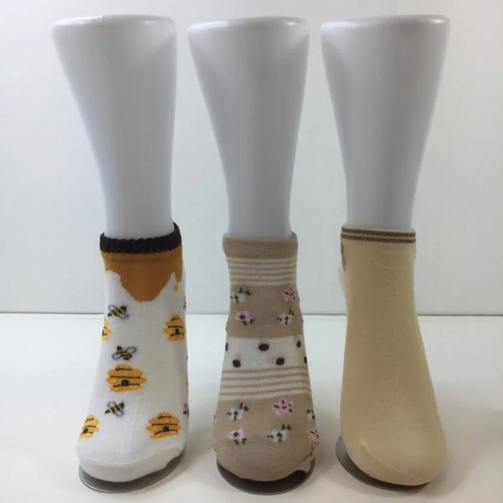 Womens Ankle Socks 3 Pack Bee Floral Patterns Bear Yellow Brown